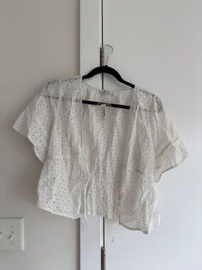 Madewell White Eyelet Tie-Front Short Sleeve Blouse